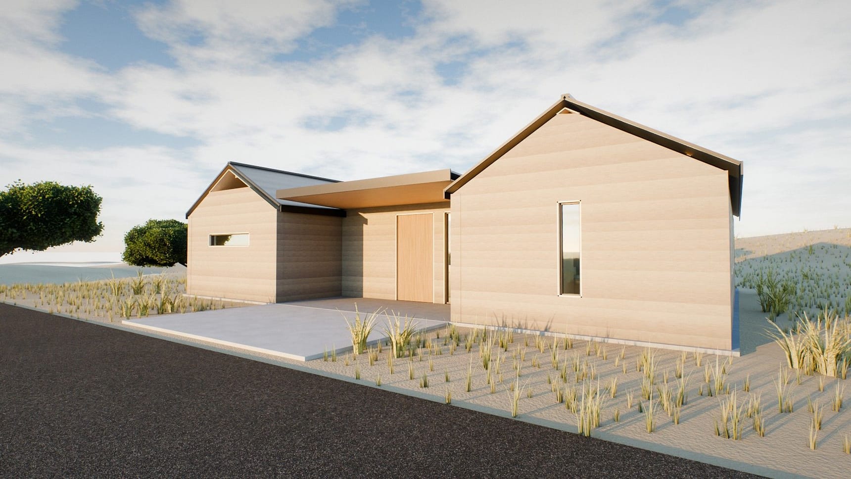 Render from the street: two gabled boxes either side of a low link with a pivot front door