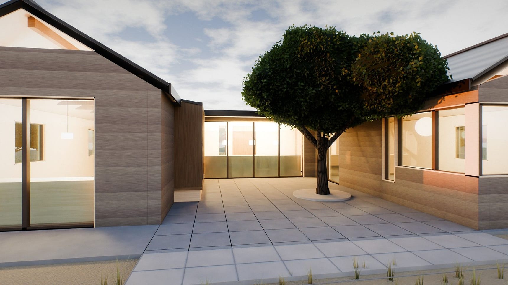 Render of the courtyard at dusk, looking south through the glass wall of the living room, with the window box and the tree
