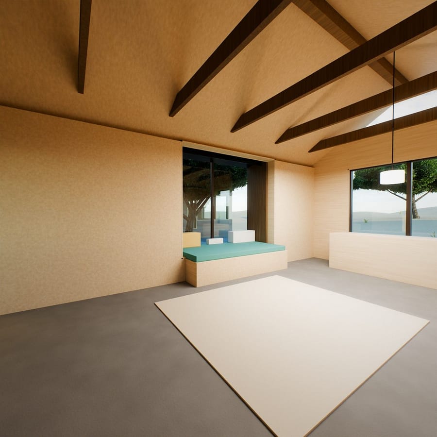 Render inside the den: an open timber roof with ties, a plywood ceiling and a window seat looking onto the courtyard
