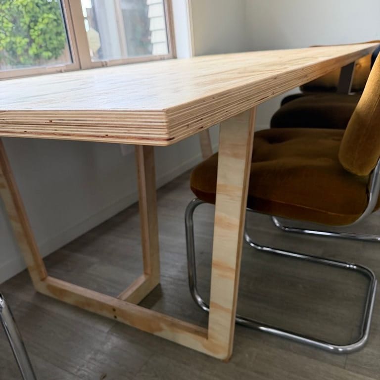Layered plywood edge and angled leg