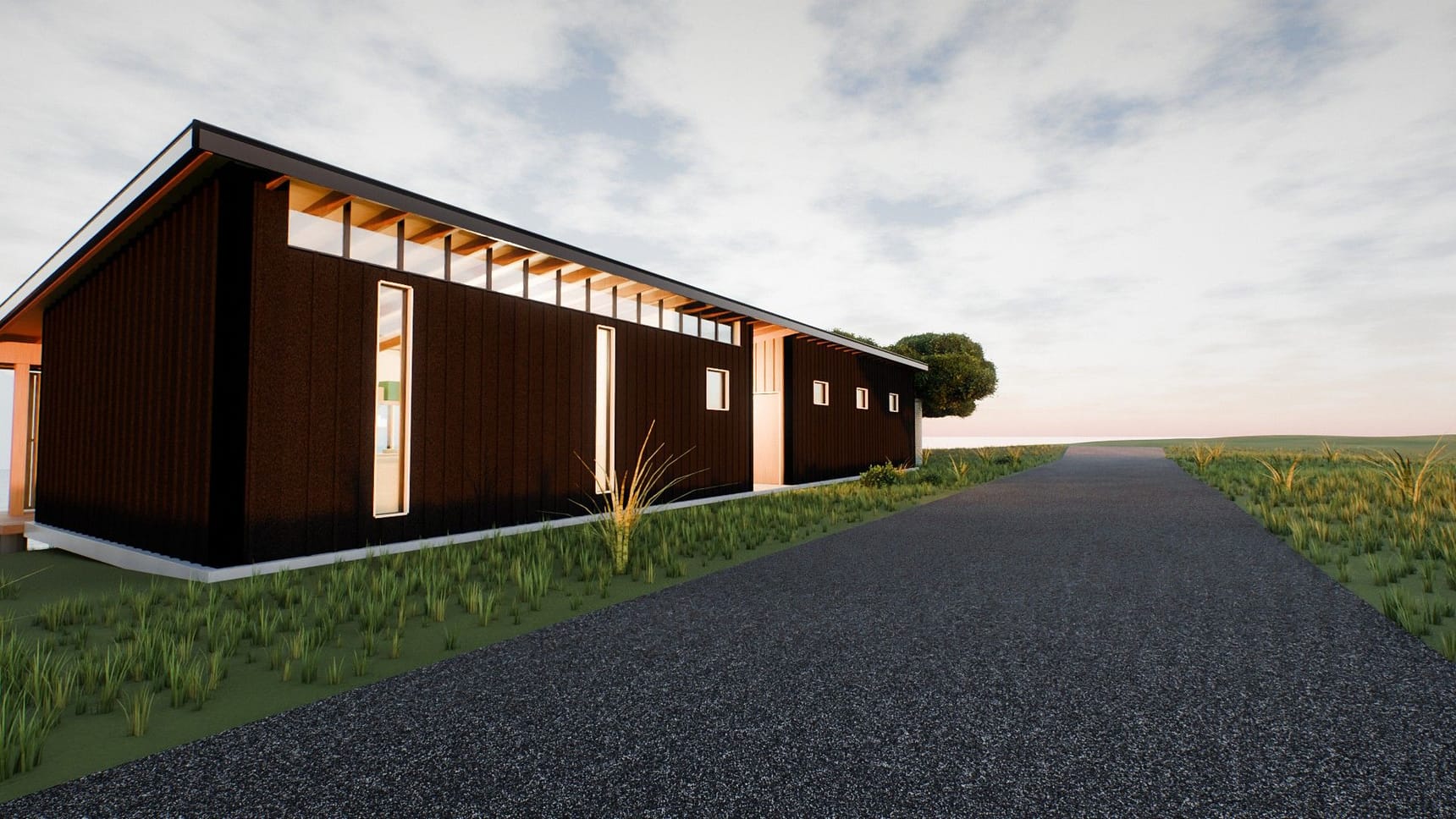 Render of the house from the road: a dark charred-timber end wall, a pale shuttered verandah and a long low roof above the estuary