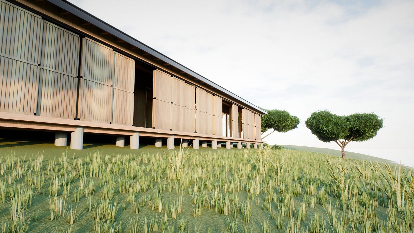 Render from the shore showing the verandah shutters in different positions above the piles
