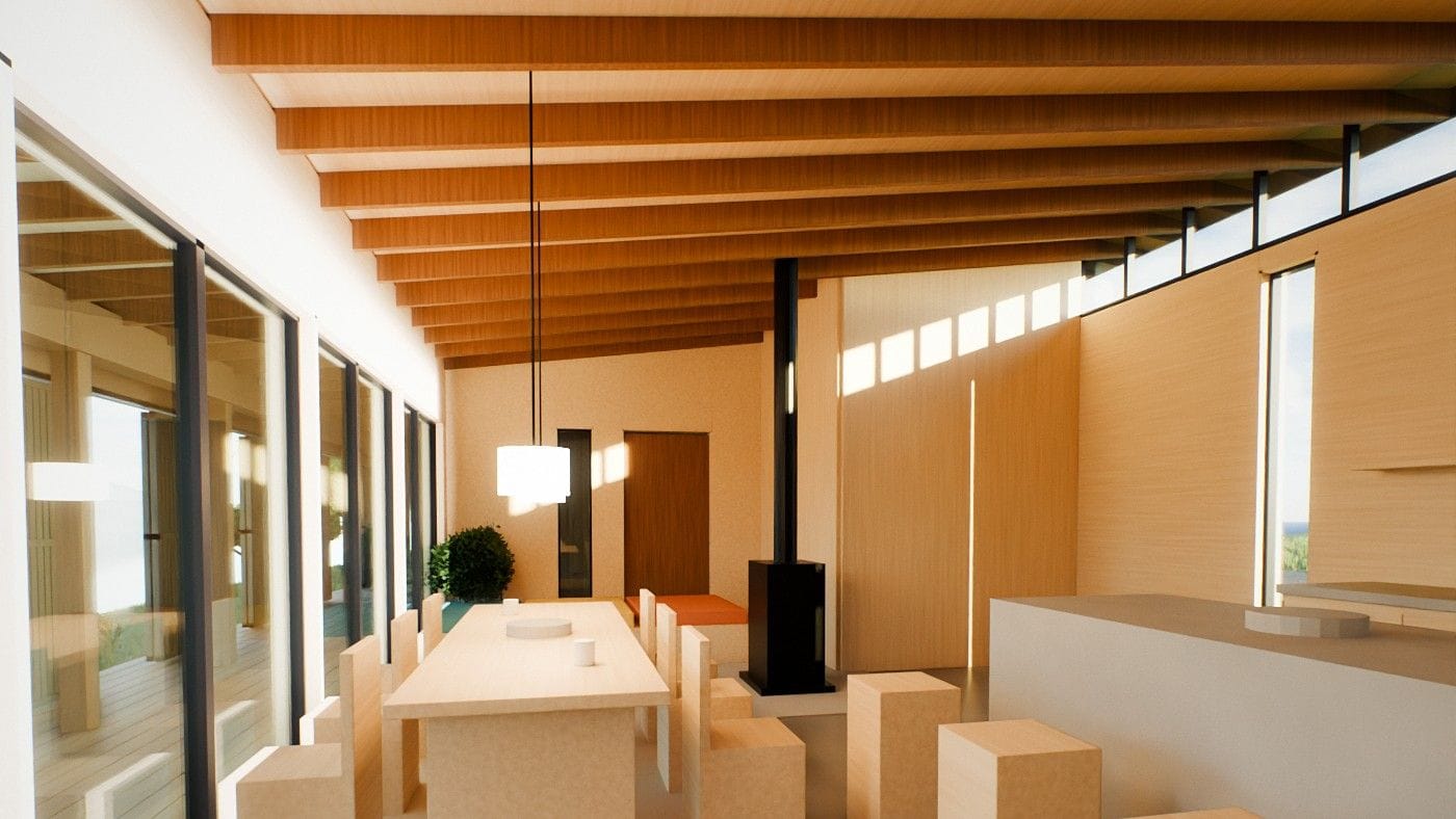Render looking along the living pavilion: a long table beside the glass, a stove at the centre and exposed rafters