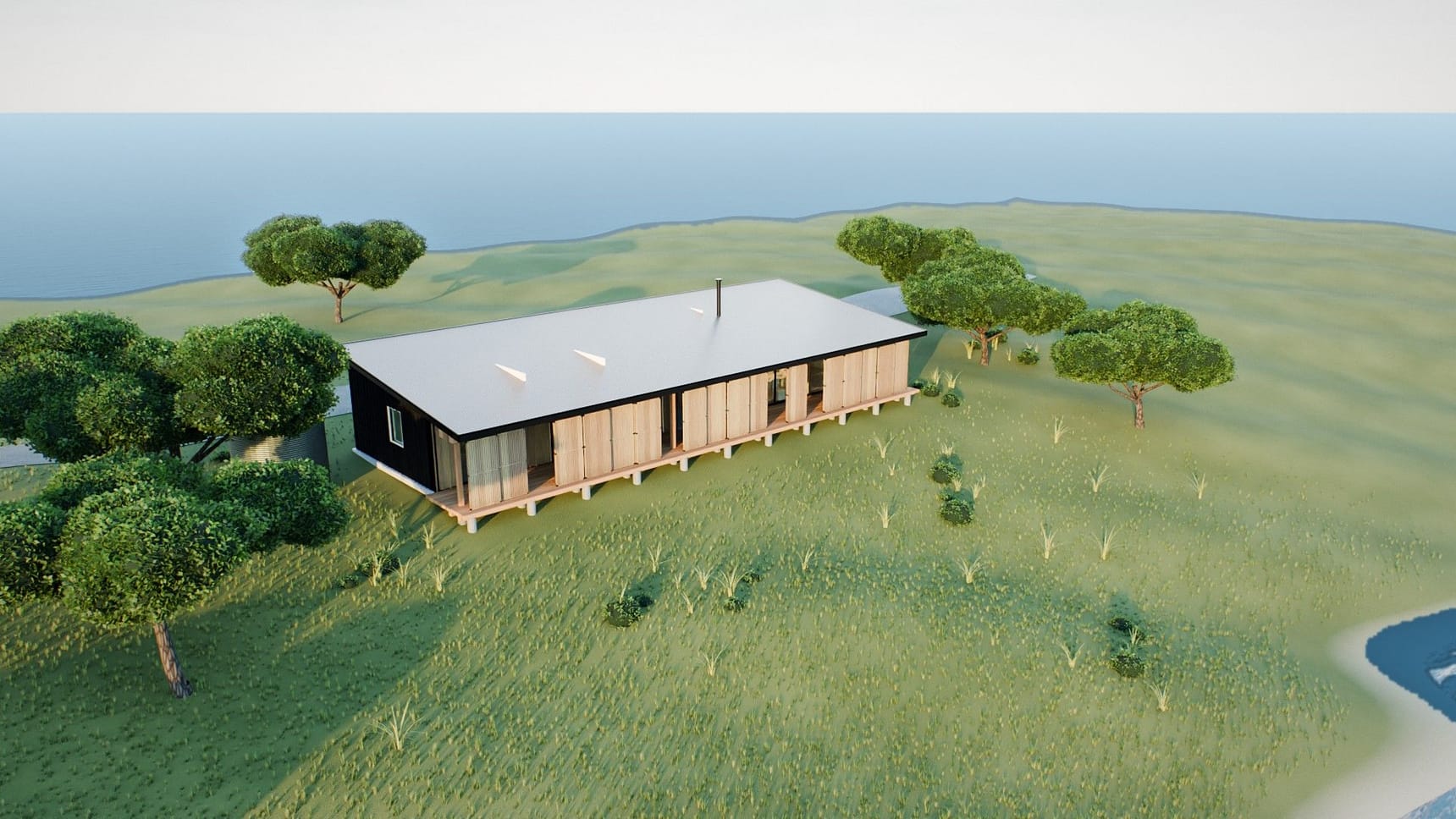 Aerial render of the house on its slope above the estuary, with the water tank and surrounding trees